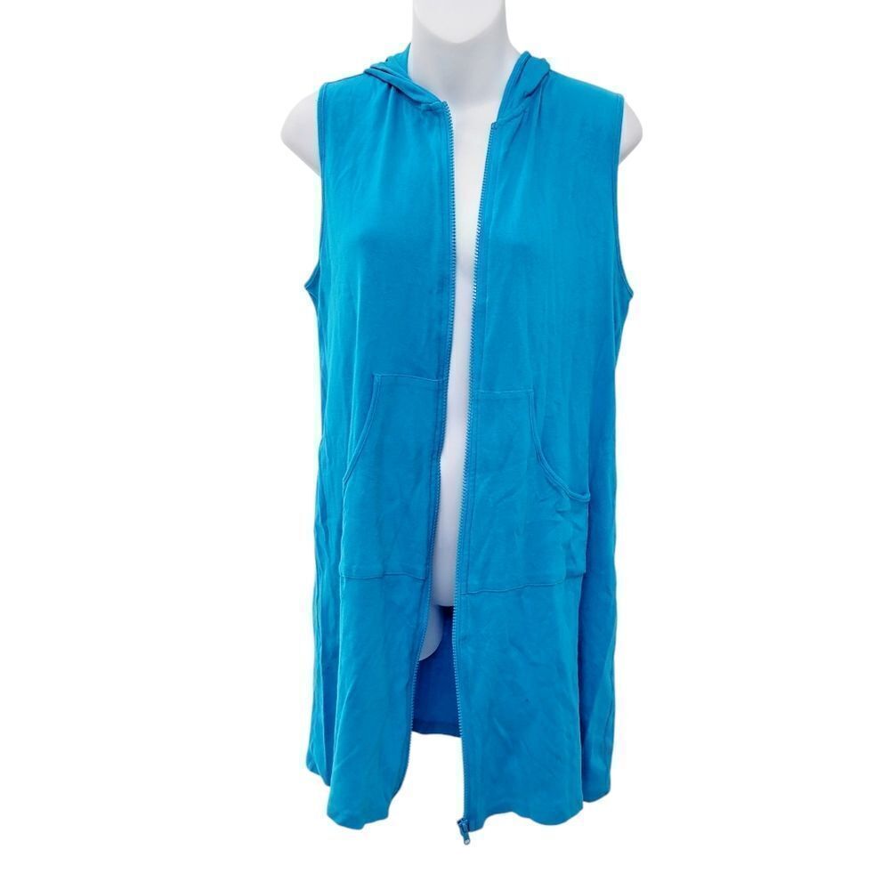 2/$20 La Vie en Rose Blue Zipper Up Long Vest Hoodie Jacket 100% Cotton Size: M